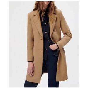 ZARA Wool Blend Single Breasted Long Camel Tan Over Coat - Size XS
